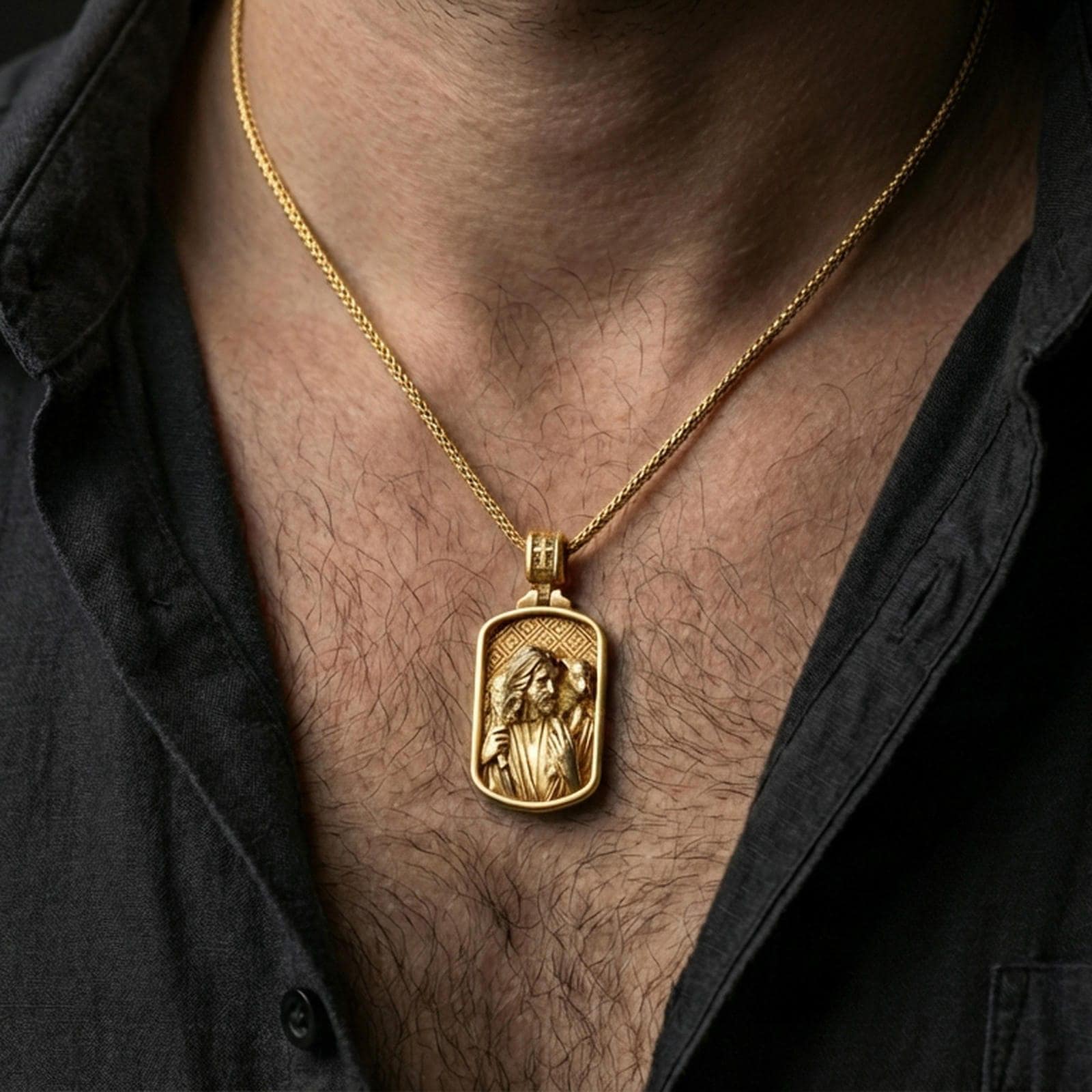 Gold plated Good Shepherd necklace with Jesus and lamb motif worn on the neck in a premium lifestyle composition with classic Christian jewelry styling