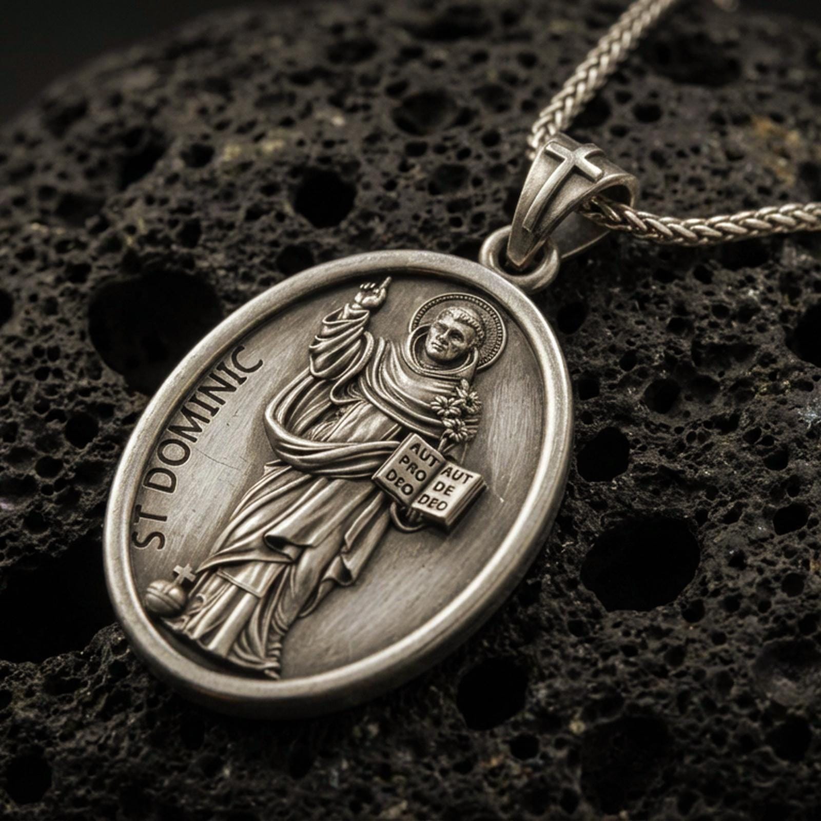 Bronze Saint Dominic pendant with haloed saint figure, book detail, and St Dominic inscription displayed on dark volcanic rock in a close-up luxury jewelry composition