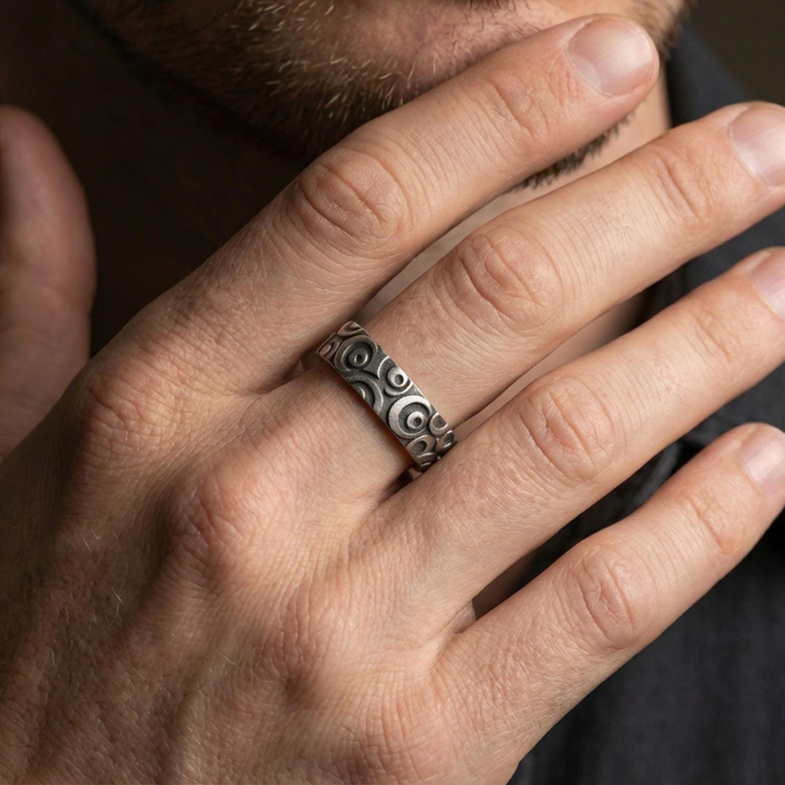 Oxidized sterling silver geometric circle pattern ring worn on a finger, lifestyle wear photo showing bold contrast and the repeating circular motif in natural light.

Polished silver geometric circle pattern ring worn on a finger, lifestyle image capturing bright reflective finish and the sculpted circle pattern as a modern band.