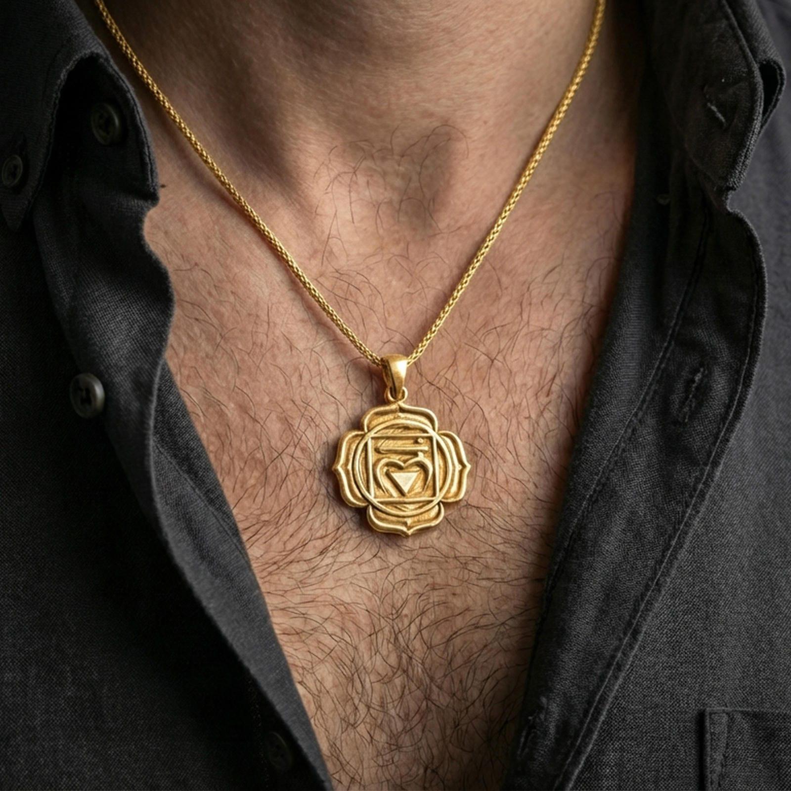 Gold plated heart chakra necklace with sacred center motif and structured lotus form worn on the neck in a premium lifestyle composition with elegant spiritual jewelry styling