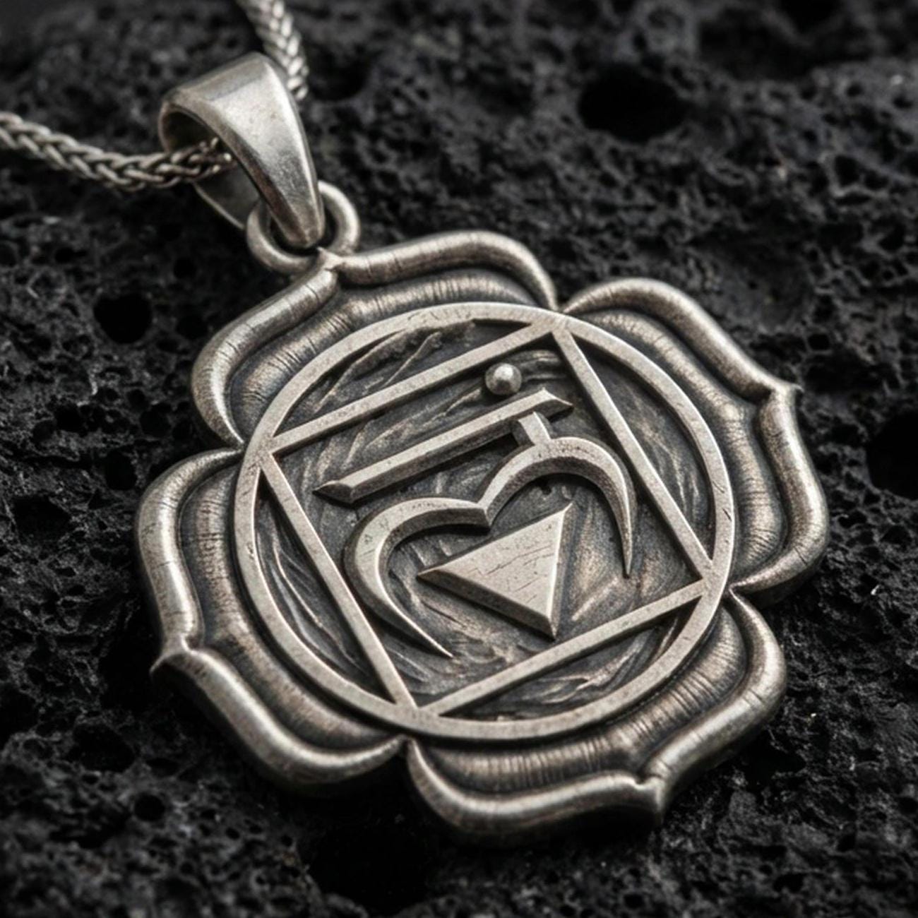 Oxidized heart chakra pendant with sacred symbol, geometric frame, and lotus petal border displayed on dark volcanic rock in a close-up luxury jewelry composition