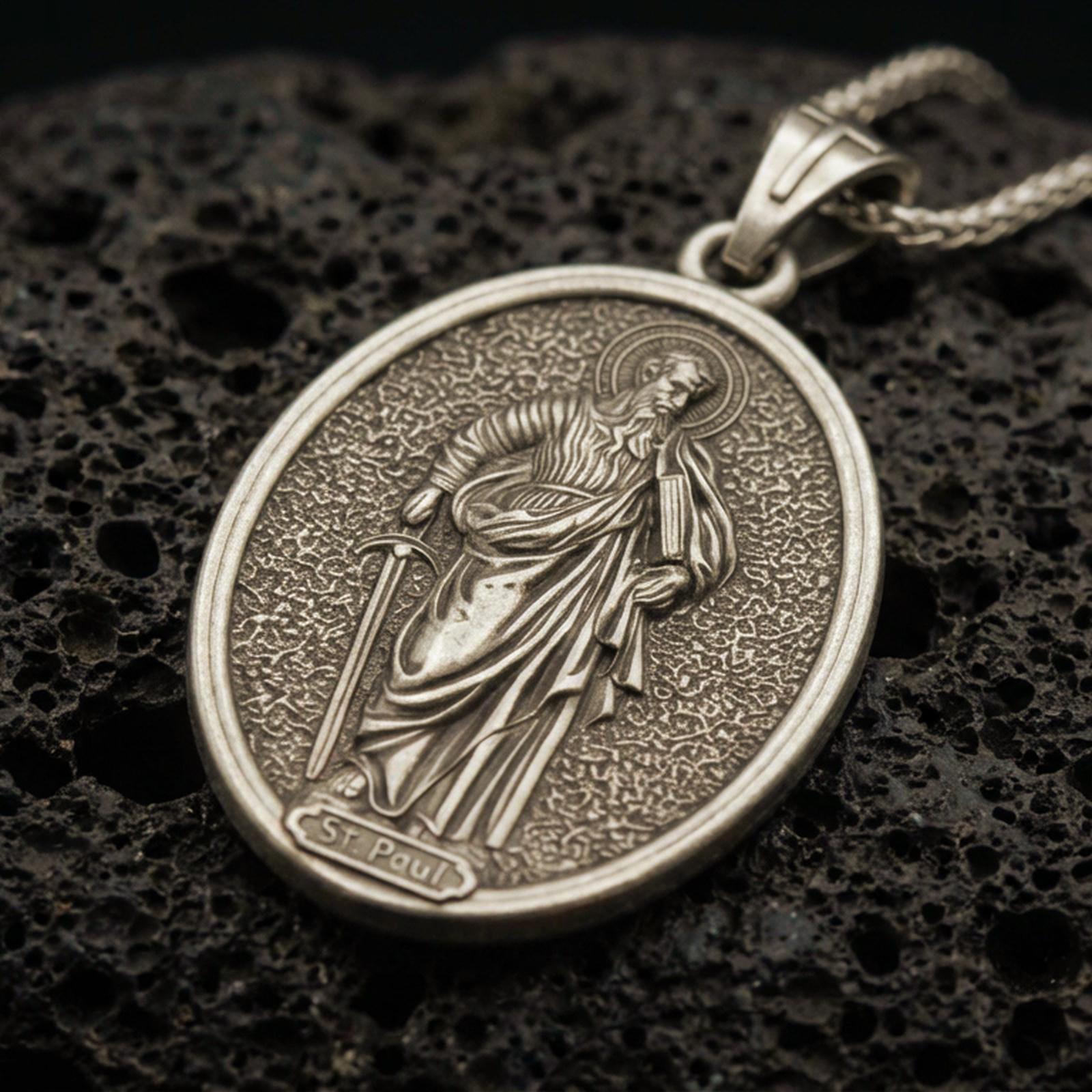 Bronze Saint Paul pendant with haloed saint figure, sword detail, and oval devotional portrait displayed on dark volcanic rock in a close-up luxury jewelry composition