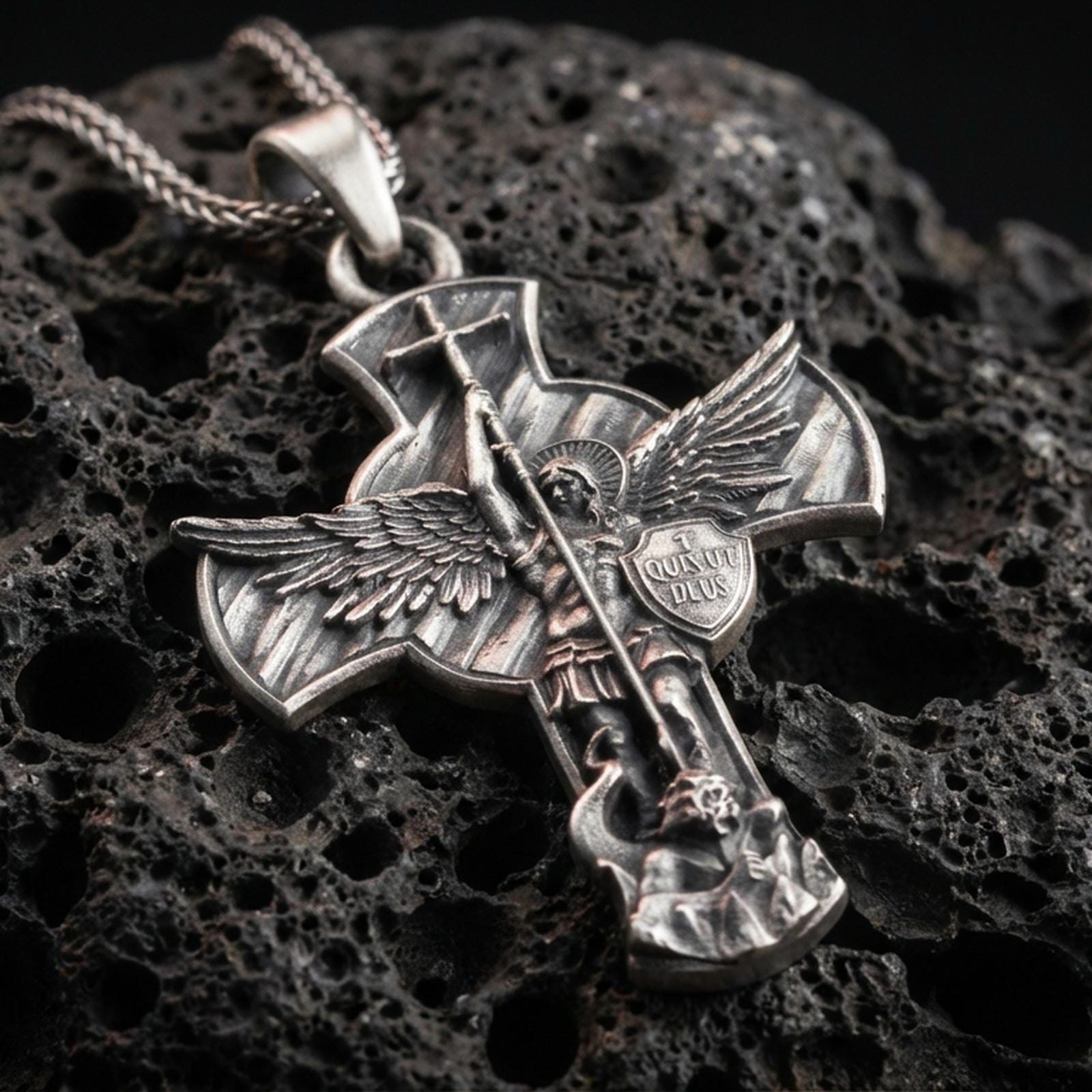 Oxidized Saint Michael pendant with winged archangel figure, Quis Ut Deus shield, and devil-slaying cross design displayed on dark volcanic rock in a close-up luxury jewelry composition