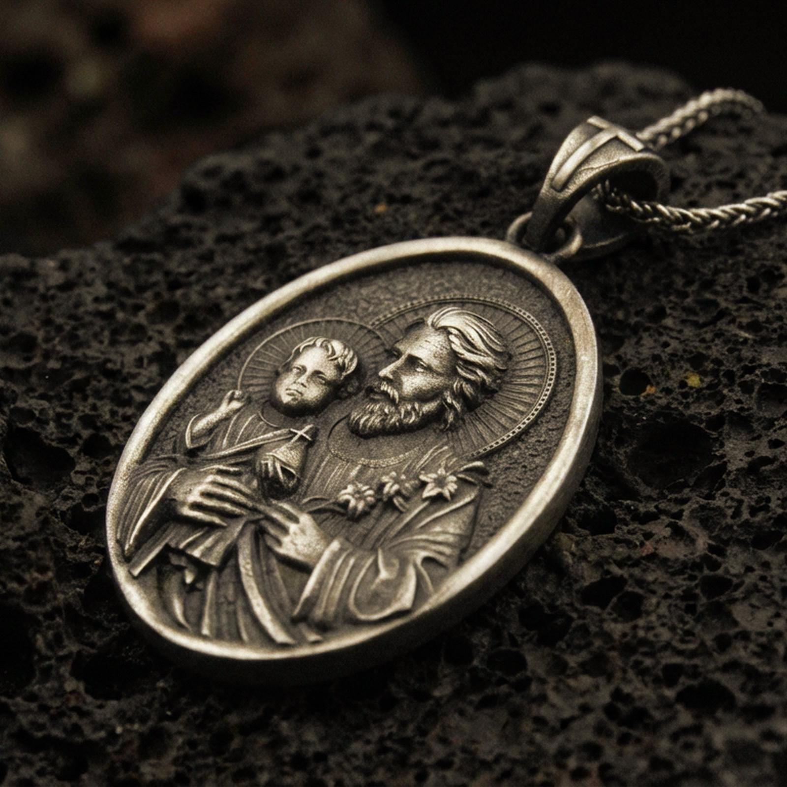Bronze Saint Joseph pendant with Child Jesus, halo details, and oval devotional portrait displayed on dark volcanic rock in a close-up luxury jewelry composition