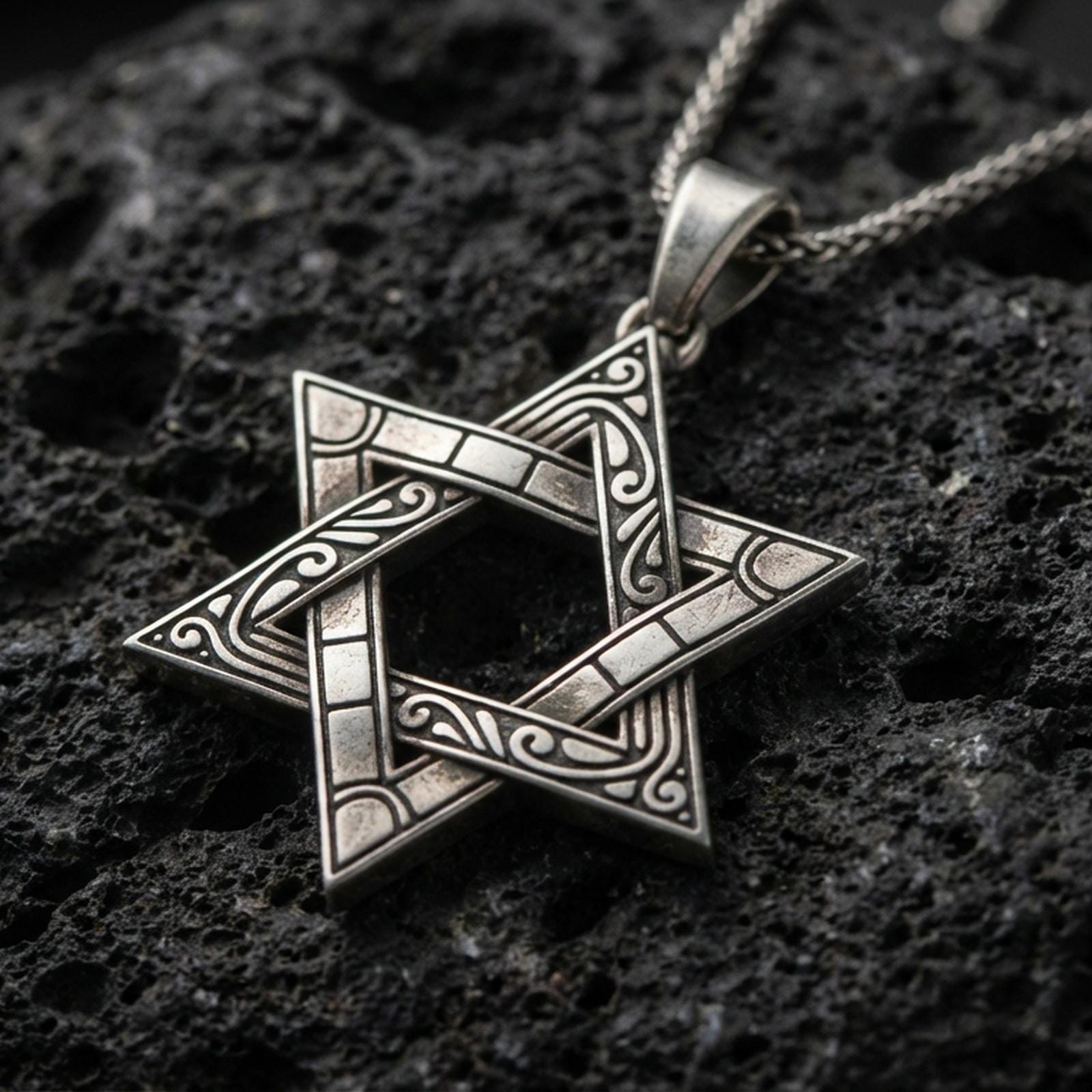 Oxidized Star of David pendant with engraved ornamental lines and open hexagram silhouette displayed on dark volcanic rock in a close-up luxury jewelry composition