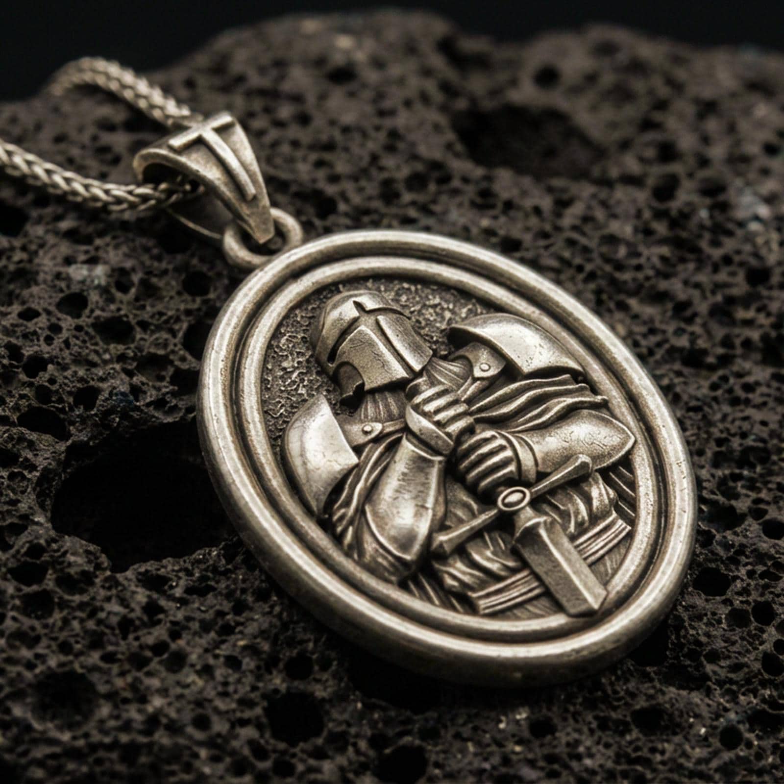 Bronze Knight Templar pendant with crusader helmet, sword detail, and oval rotating medallion design displayed on dark volcanic rock in a close-up luxury jewelry composition