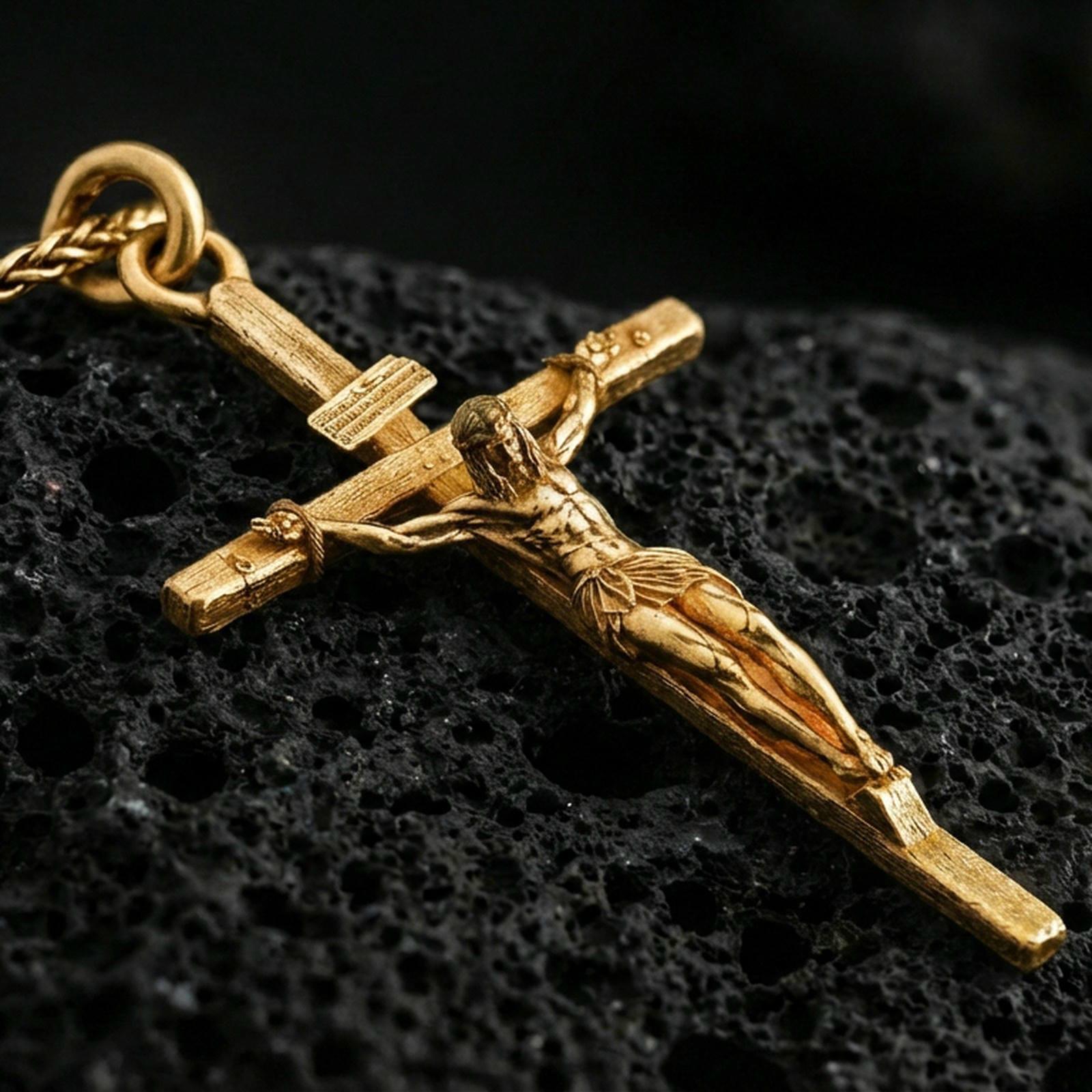 Gold plated crucifix pendant on volcanic stone, premium macro close-up showcasing warm gold tone across the cross and figure, with defined sculpted depth.