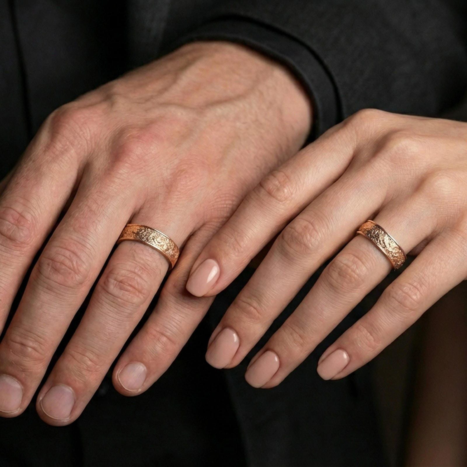 Rose gold plated bark texture band ring worn on the finger, lifestyle image showing elegant rose tone, subtle highlights on the bark relief, and gift-ready premium feel.