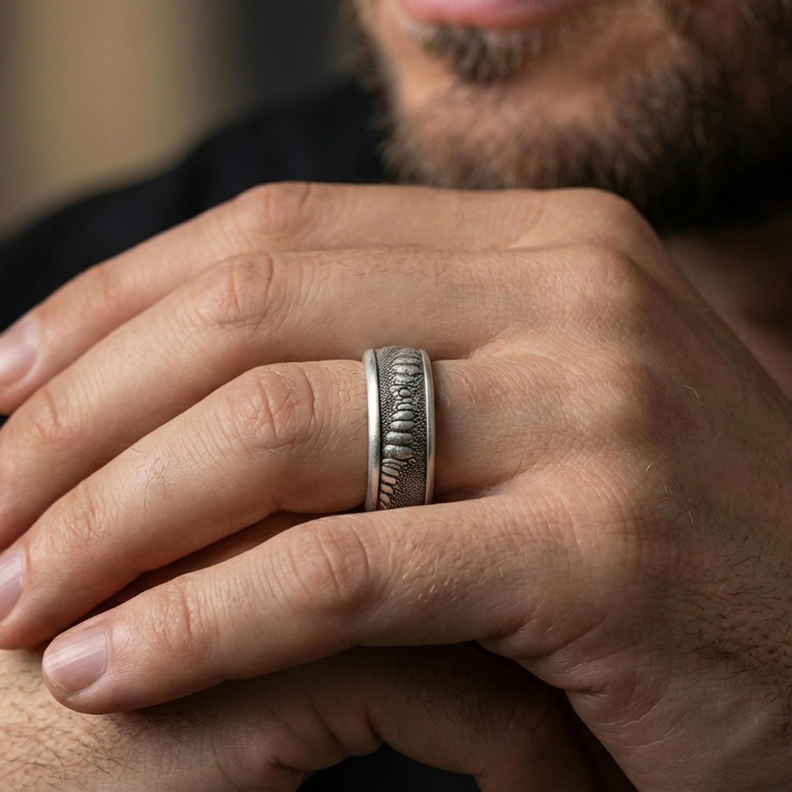Oxidized sterling silver lizard skin spinner ring worn on the finger, lifestyle image focusing on bold texture, darkened depth, and the subtle motion-friendly spinner design.