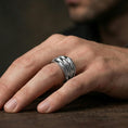 Load image into Gallery viewer, Polished silver layered studded band ring worn on the finger, lifestyle shot highlighting modern clean styling, structured edges, and comfortable daily wear.
