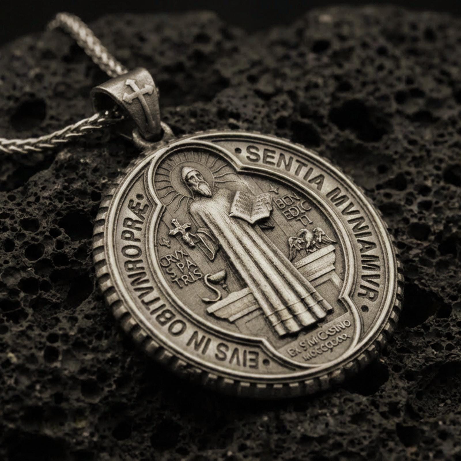 Bronze Saint Benedict medallion pendant with robed saint figure, Latin inscriptions, and round devotional design displayed on dark volcanic rock in a close-up luxury jewelry composition