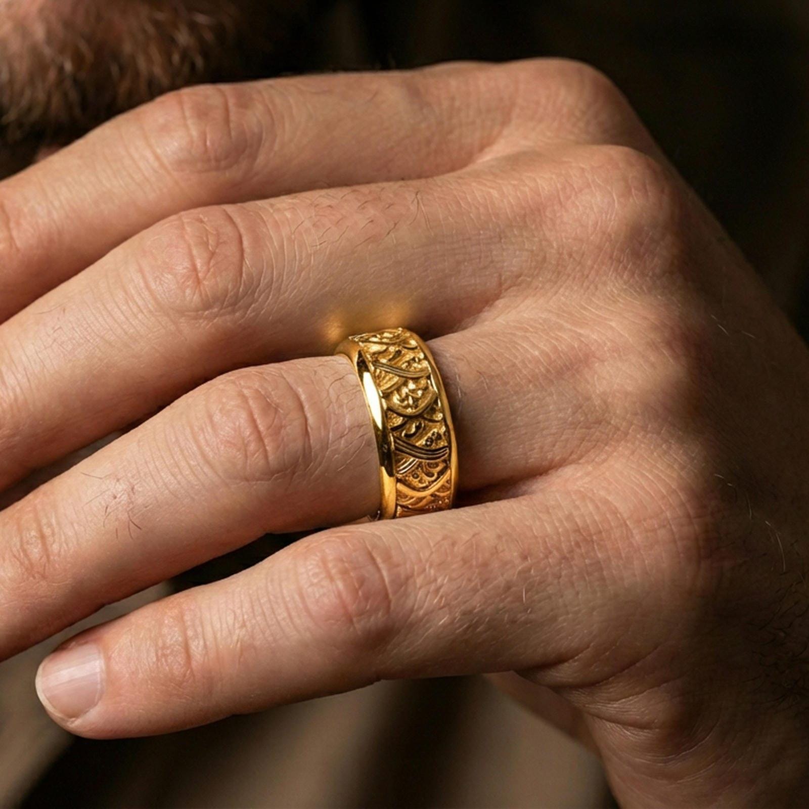 Rotating wave spinner ring worn on a finger, gold plated look creating a bold nautical statement while keeping the wave relief sharp.