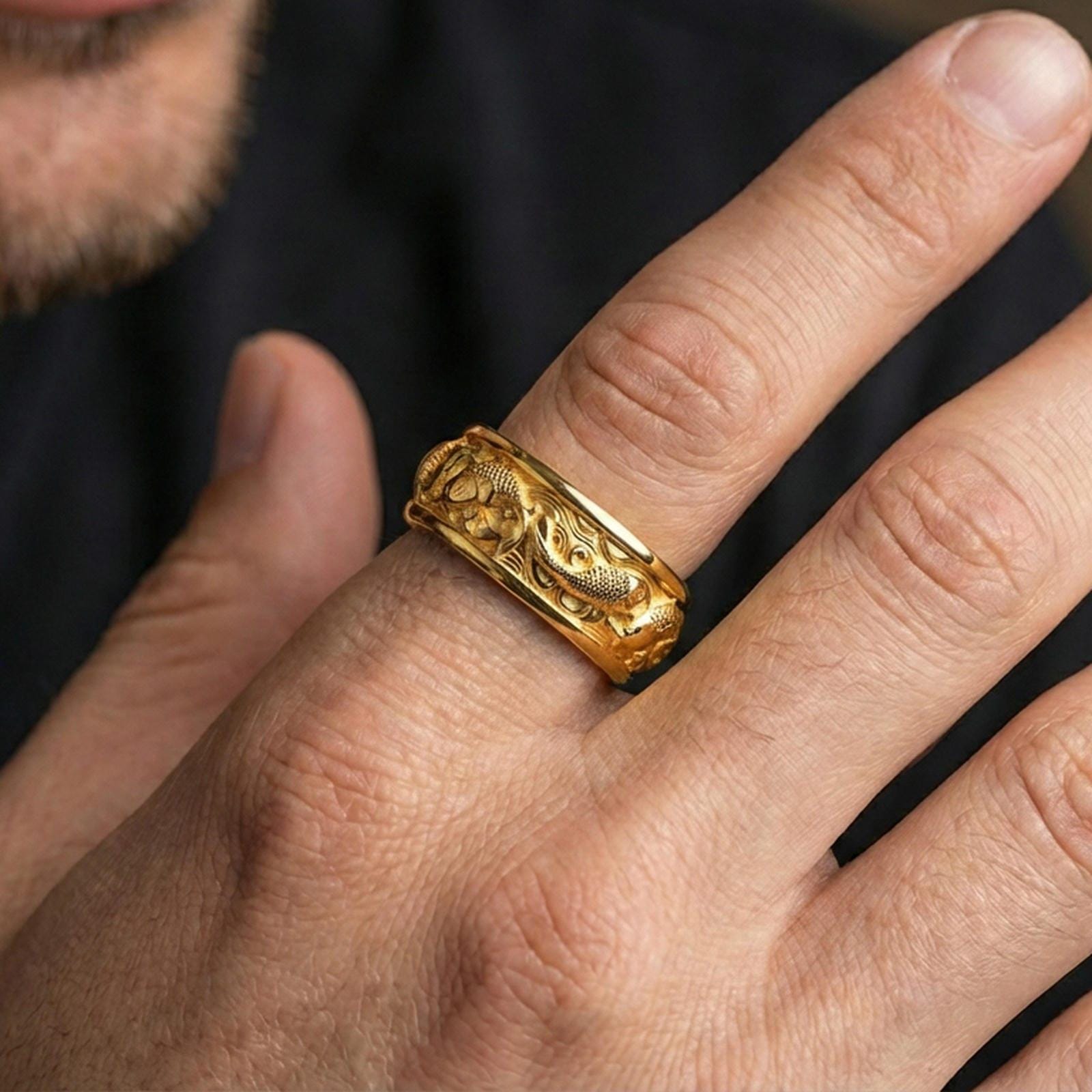 Koi fish sterling silver band ring worn on a finger, gold plated look for a bold statement while preserving the engraved koi scales and wave motion.