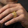 Load image into Gallery viewer, Sterling silver Masonic square and compass band ring worn on a finger, gold plated look for a bold statement while preserving the square and compass relief clarity.
