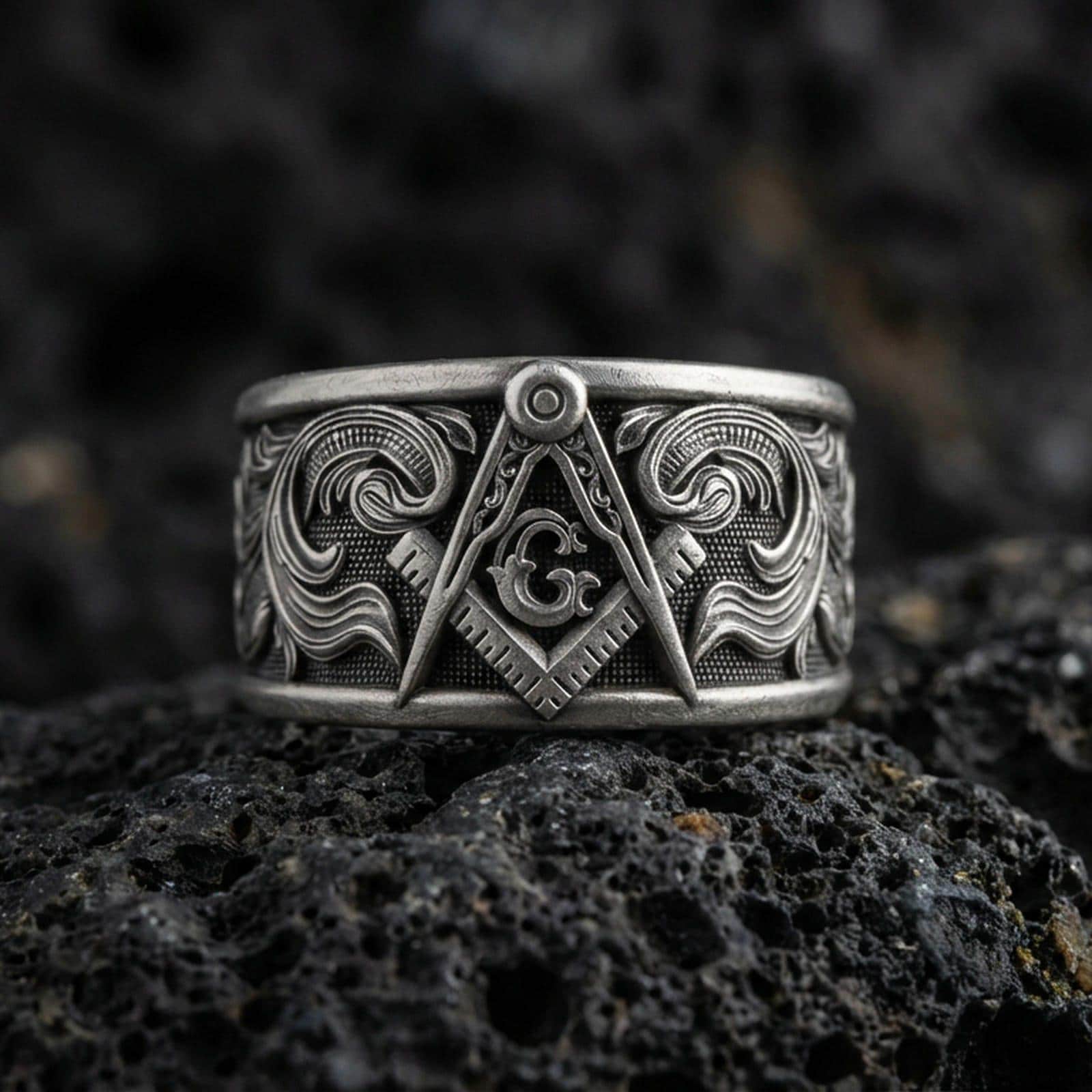 Sterling silver Masonic square and compass band ring on black volcanic stone, photographed with an oxidized patina that darkens the recessed background and sharpens the raised emblem details.