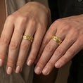 Load image into Gallery viewer, Sterling silver band ring worn on a finger, gold plated finish giving a strong statement look while keeping the raised monkey details prominent.
