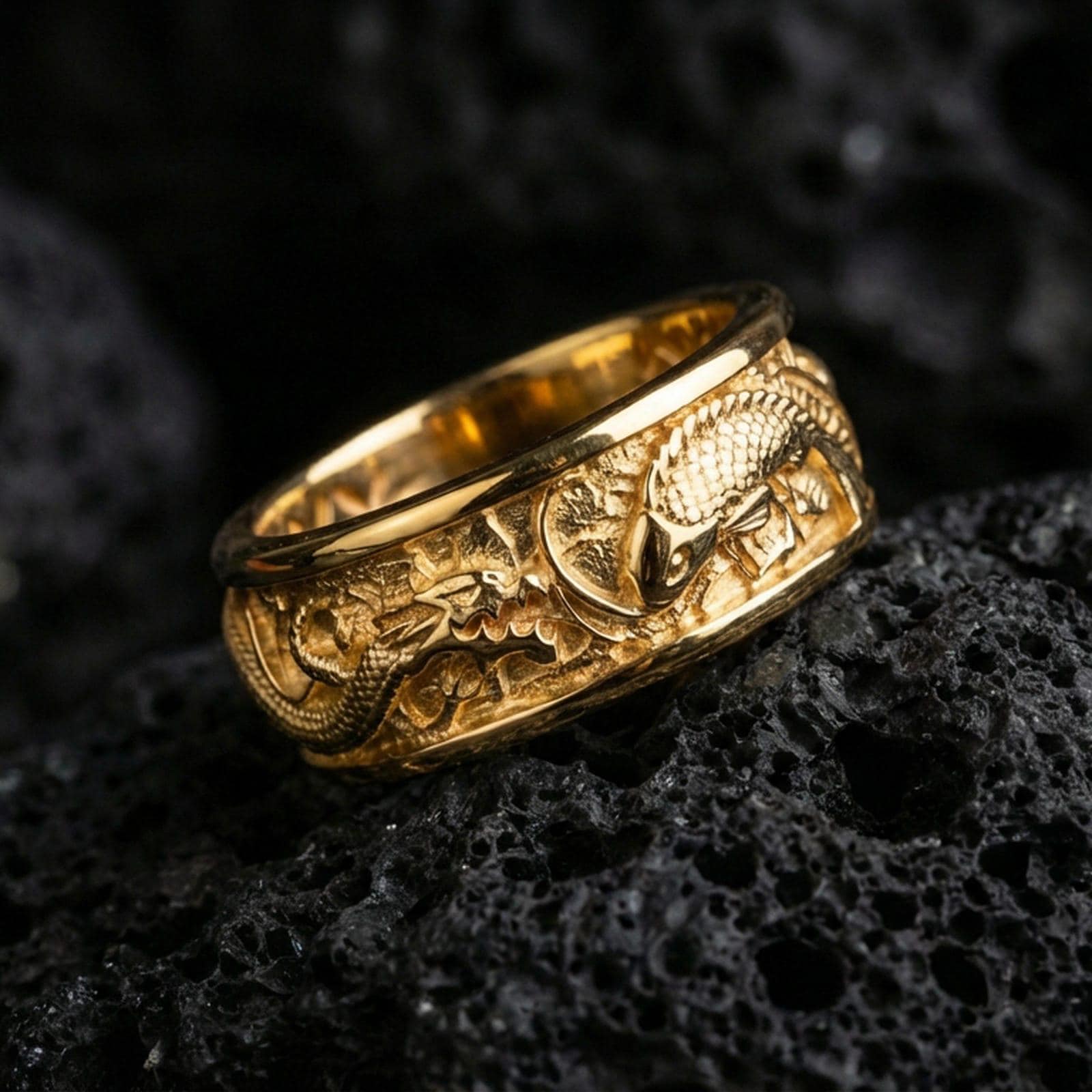 Gold plated dragon and koi fish band ring on volcanic rock, high-relief Japanese motif with engraved texture, luxury jewelry product photography.
