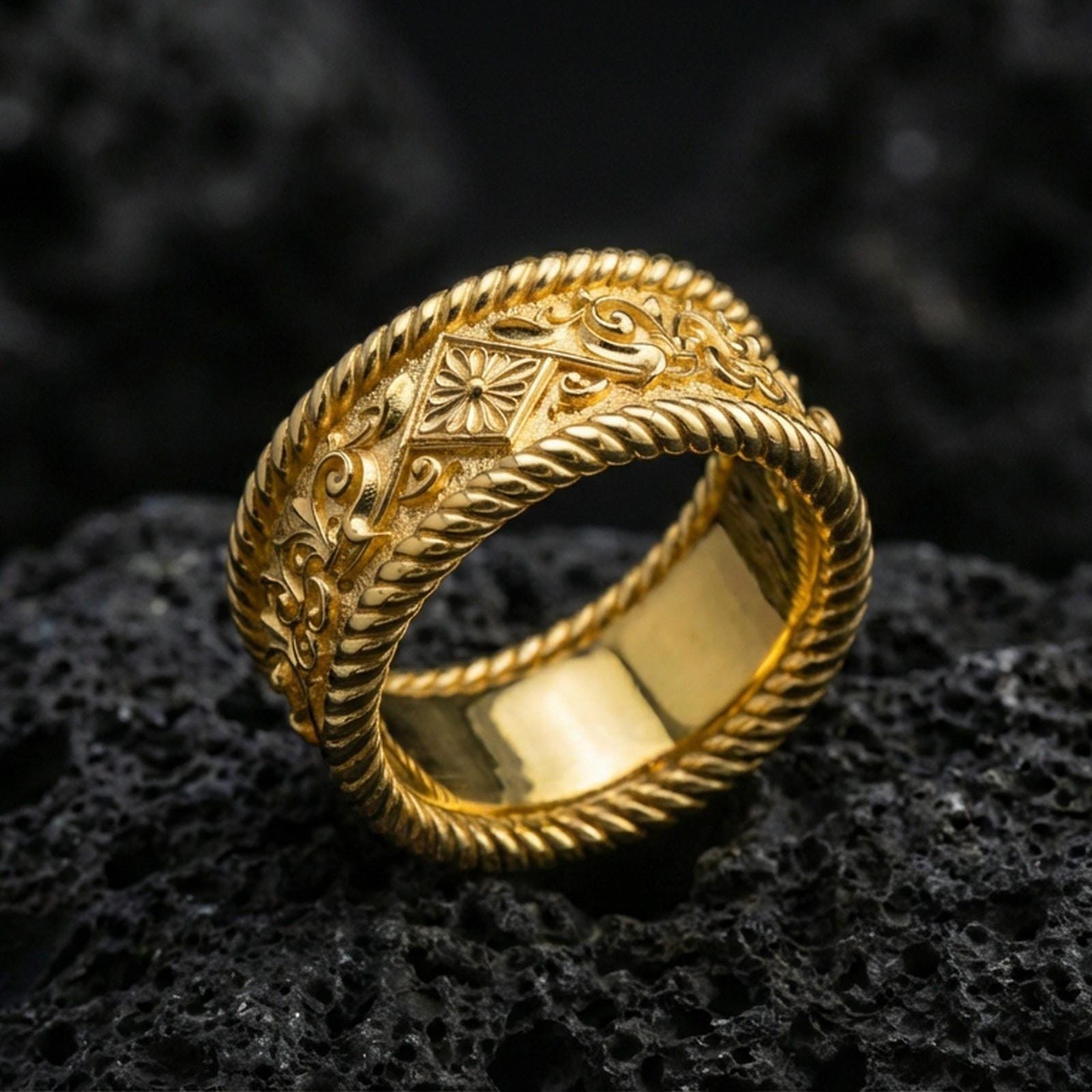 Gold plated rope edge engraved band ring on volcanic rock, detailed floral motif with ornate scroll accents, luxury jewelry product photography.
