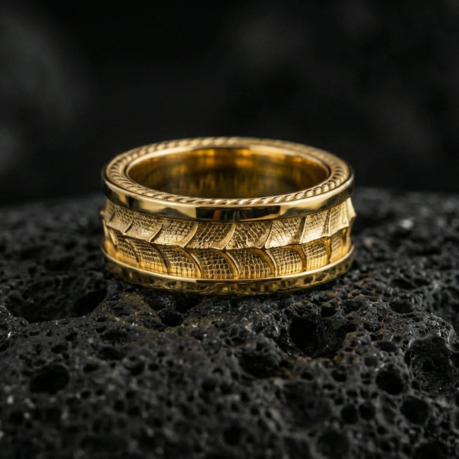 Gold plated serpent skin band ring on volcanic rock, detailed scaled texture with rope edge trim, luxury jewelry product photography.