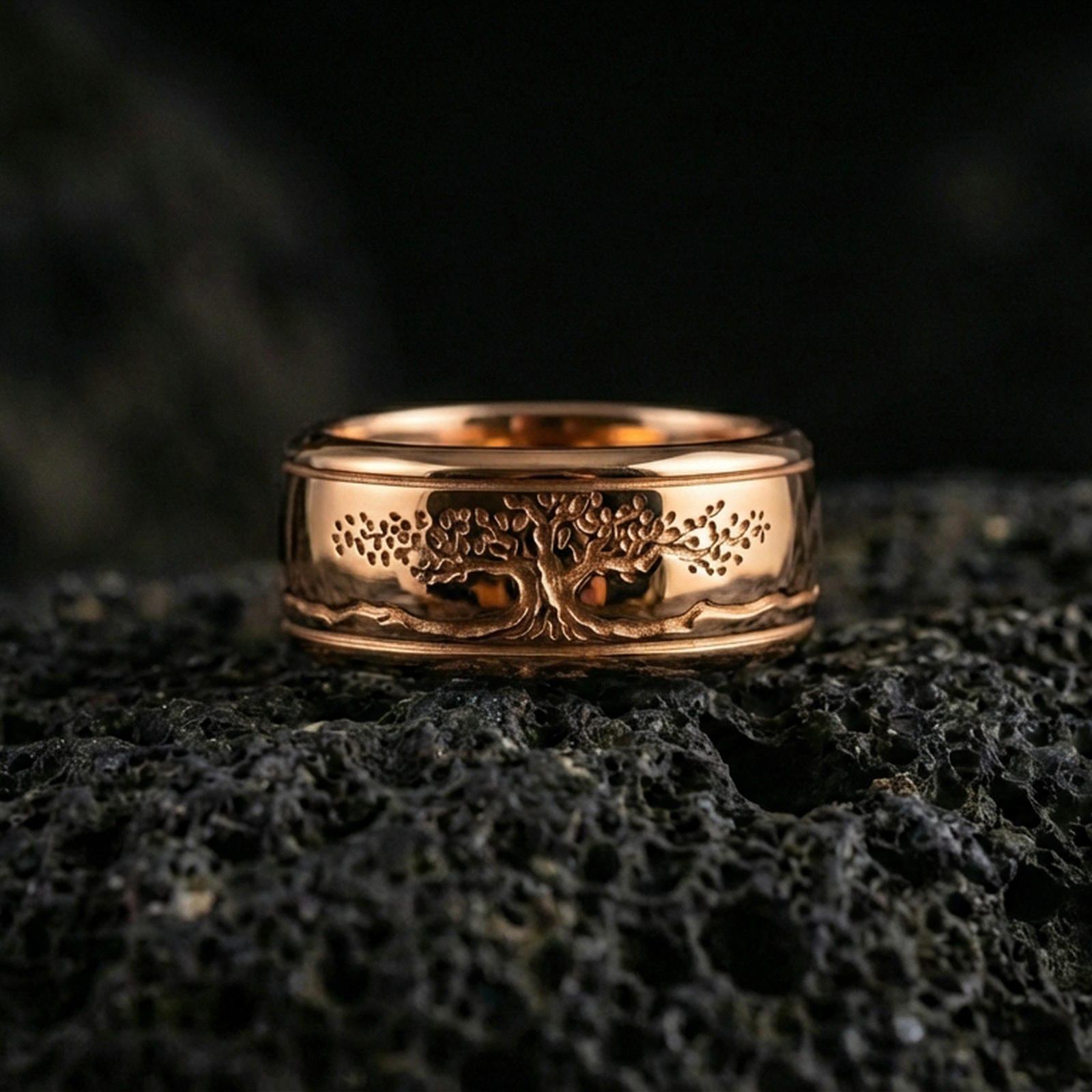 Rose gold plated sterling silver Yggdrasil spinner ring on volcanic stone, sculpted tree of life engraving with deep contrast, minimal high-end close-up.