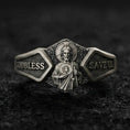 Load image into Gallery viewer, Oxidized sterling silver Saint Jude signet ring on dark volcanic rock, detailed halo portrait relief with “God Bless” and “Save Us” panels, premium macro product shot.
