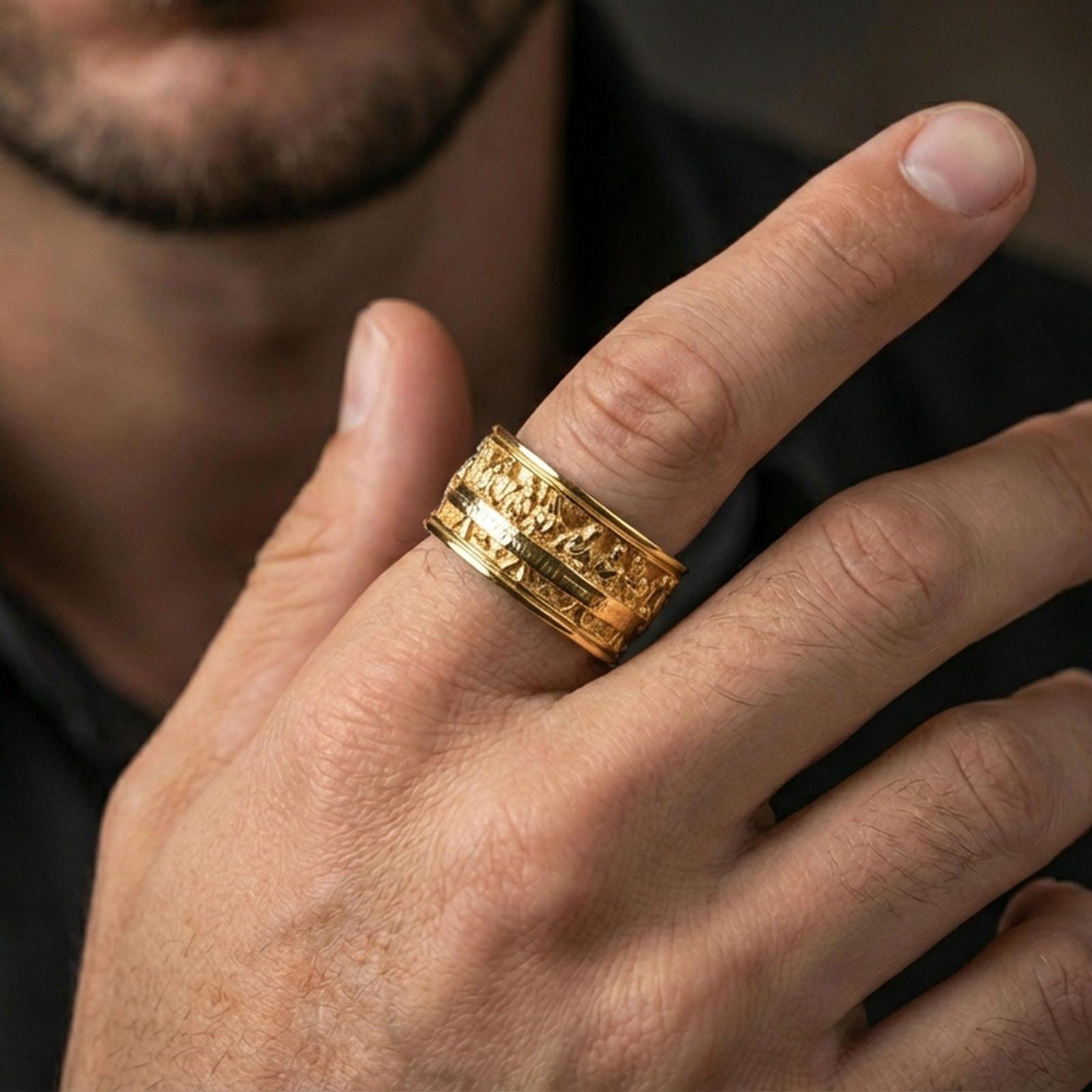 Gold plated Last Supper engraved band worn on finger, detailed apostle scene relief with border accents, premium lifestyle jewelry photo.