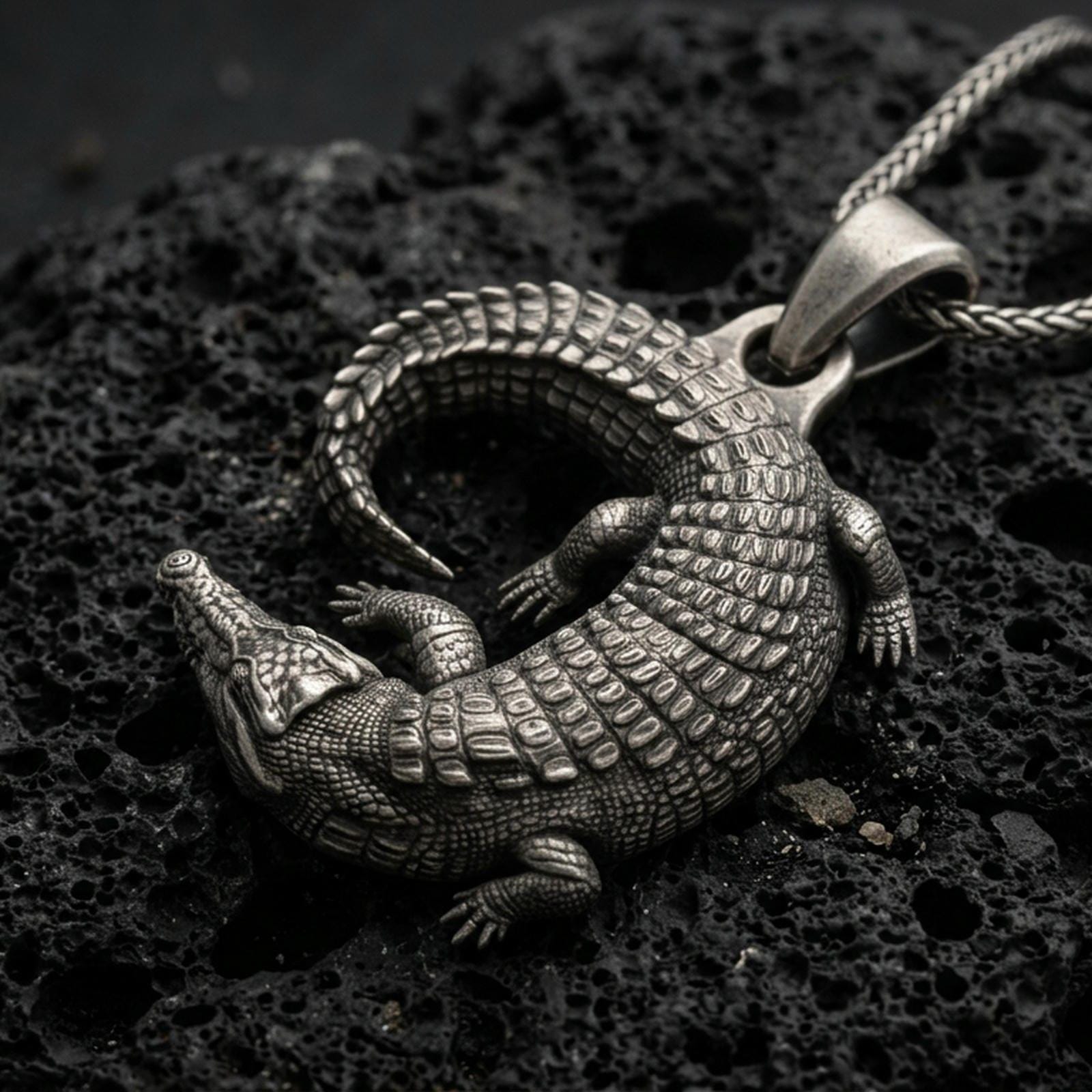 Oxidized crocodile pendant with detailed reptile scales, curved tail, and realistic animal silhouette displayed on dark volcanic rock in a close-up luxury jewelry composition