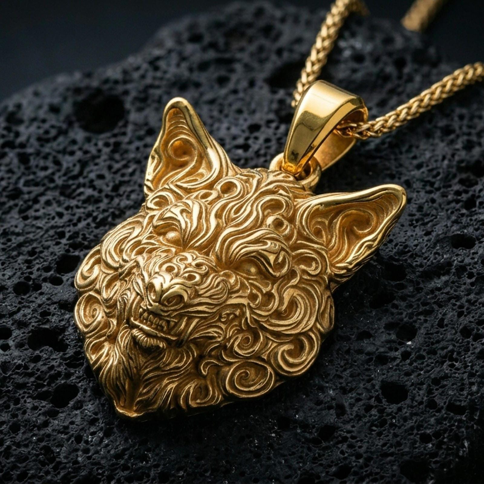 Gold plated wolf head pendant with ornate carved fur pattern, pointed ears, and striking predator design showcased on black volcanic rock in a refined macro jewelry image