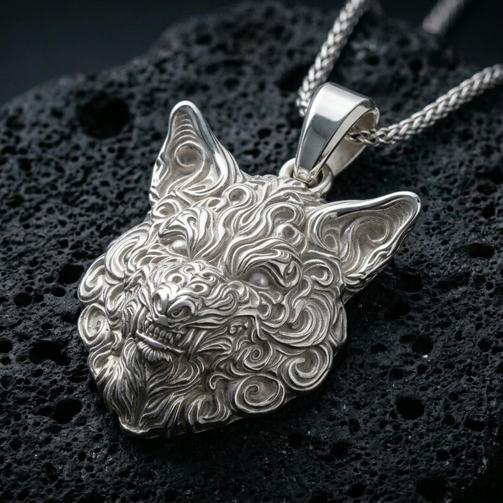Polished silver wolf necklace with detailed sculpted head, swirling fur texture, and bold animal silhouette placed on textured volcanic rock in a premium studio product shot