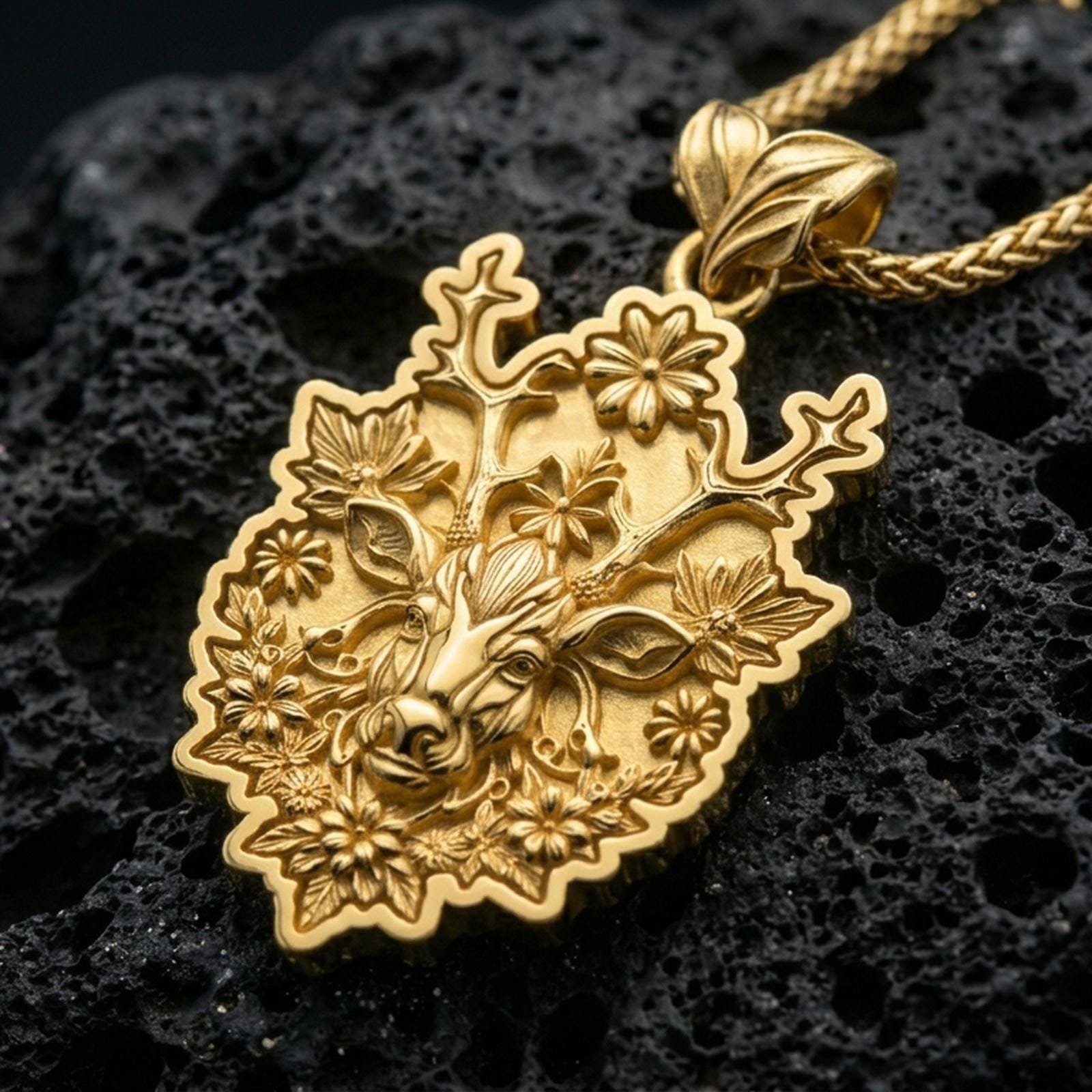 Gold plated deer pendant with ornate floral motifs, detailed antler design, and artistic forest-inspired animal form showcased on black volcanic rock in a refined macro jewelry image