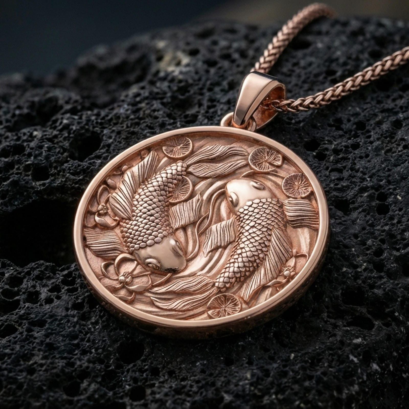 Rose gold plated yin yang fish necklace with two sculpted koi, flowing botanical elements, and circular symbolic design resting on volcanic rock in an elegant close-up product presentation