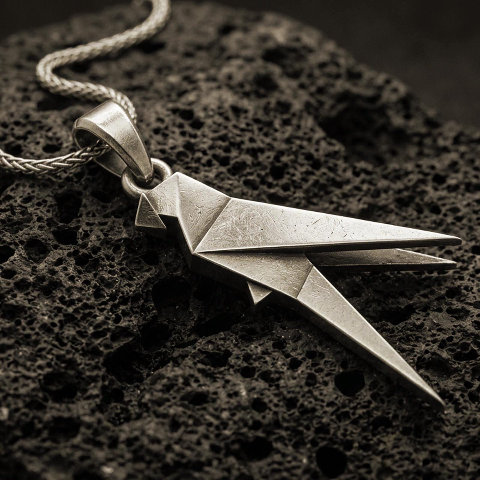 Bronze origami parrot pendant with geometric folded bird form and sleek angular silhouette displayed on dark volcanic rock in a close-up luxury jewelry composition