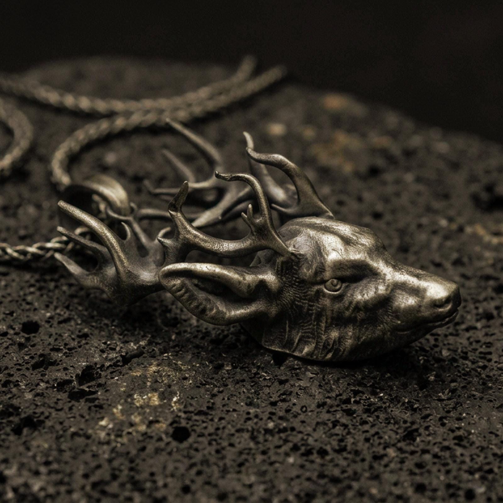 Bronze stag pendant with detailed deer head, branching antlers, and realistic wildlife silhouette displayed on dark volcanic rock in a close-up luxury jewelry composition