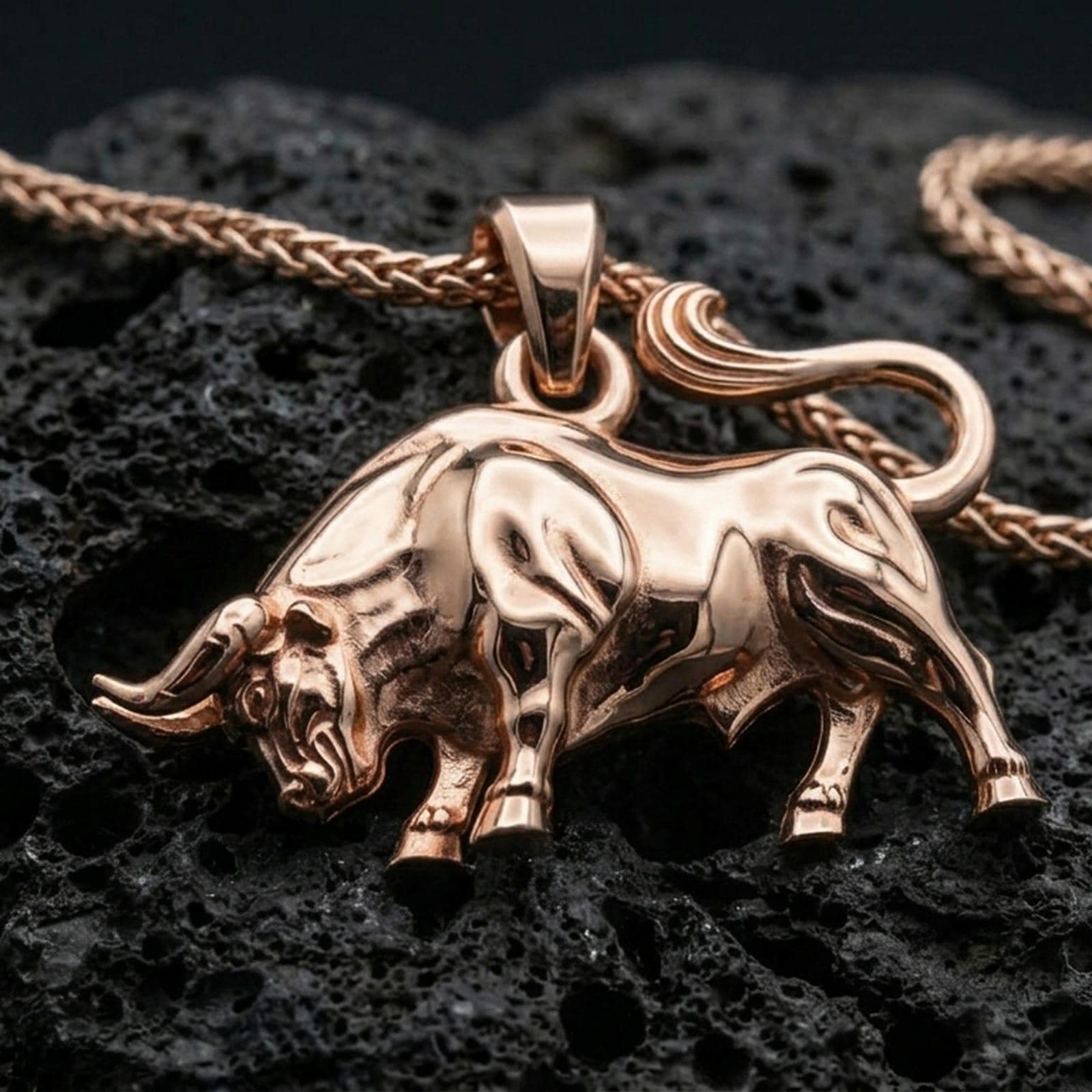 Rose gold plated bull necklace with muscular animal relief, detailed horn shape, and elegant Taurus-inspired silhouette resting on volcanic rock in an elegant close-up product presentation