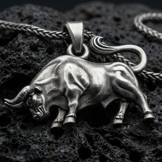 Oxidized bull pendant with muscular animal form, curved tail, and strong charging stance displayed on dark volcanic rock in a close-up luxury jewelry composition