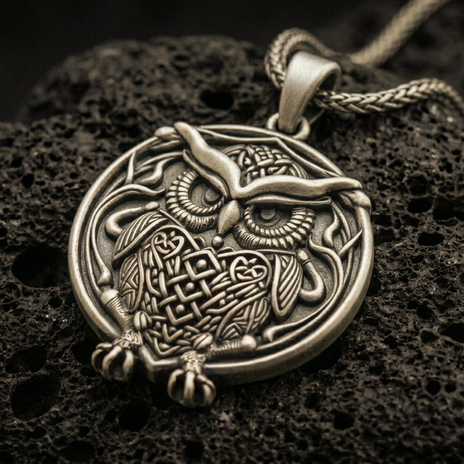 Bronze owl pendant with detailed feather engraving, round framed silhouette, and symbolic bird of wisdom displayed on dark volcanic rock in a close-up luxury jewelry composition