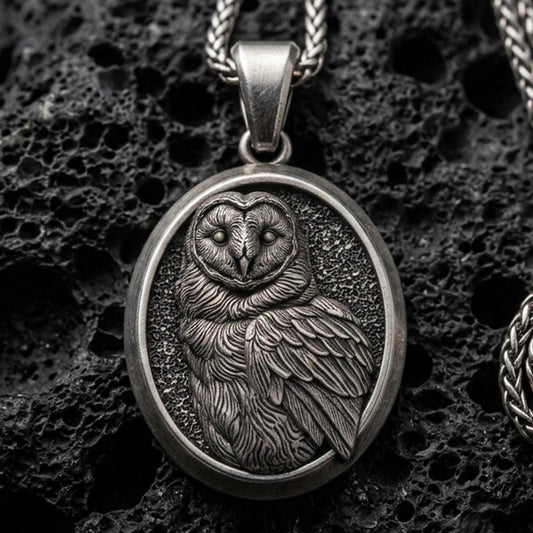 Oxidized owl pendant with detailed feather engraving, oval medallion frame, and calm nocturnal bird silhouette displayed on dark volcanic rock in a close-up luxury jewelry composition
