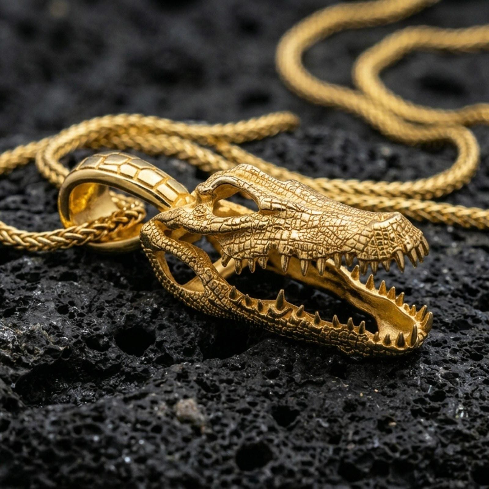 Gold plated alligator skull pendant with detailed reptilian bone texture, open-mouth jaw design, and bold predator-inspired silhouette showcased on black volcanic rock in a refined macro jewelry image