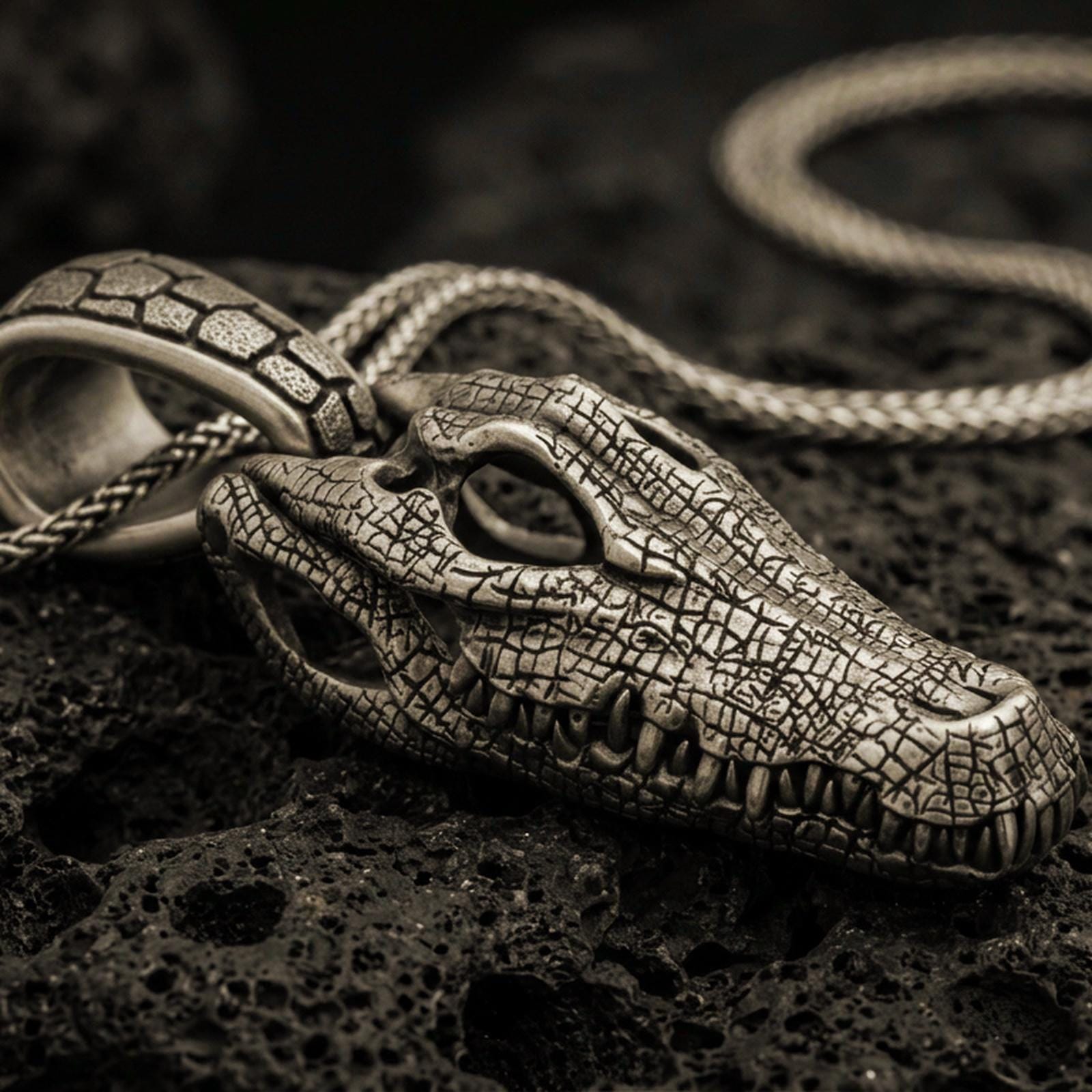 Bronze alligator skull pendant with open jaw, detailed reptile bone texture, and fierce animal silhouette displayed on dark volcanic rock in a close-up luxury jewelry composition