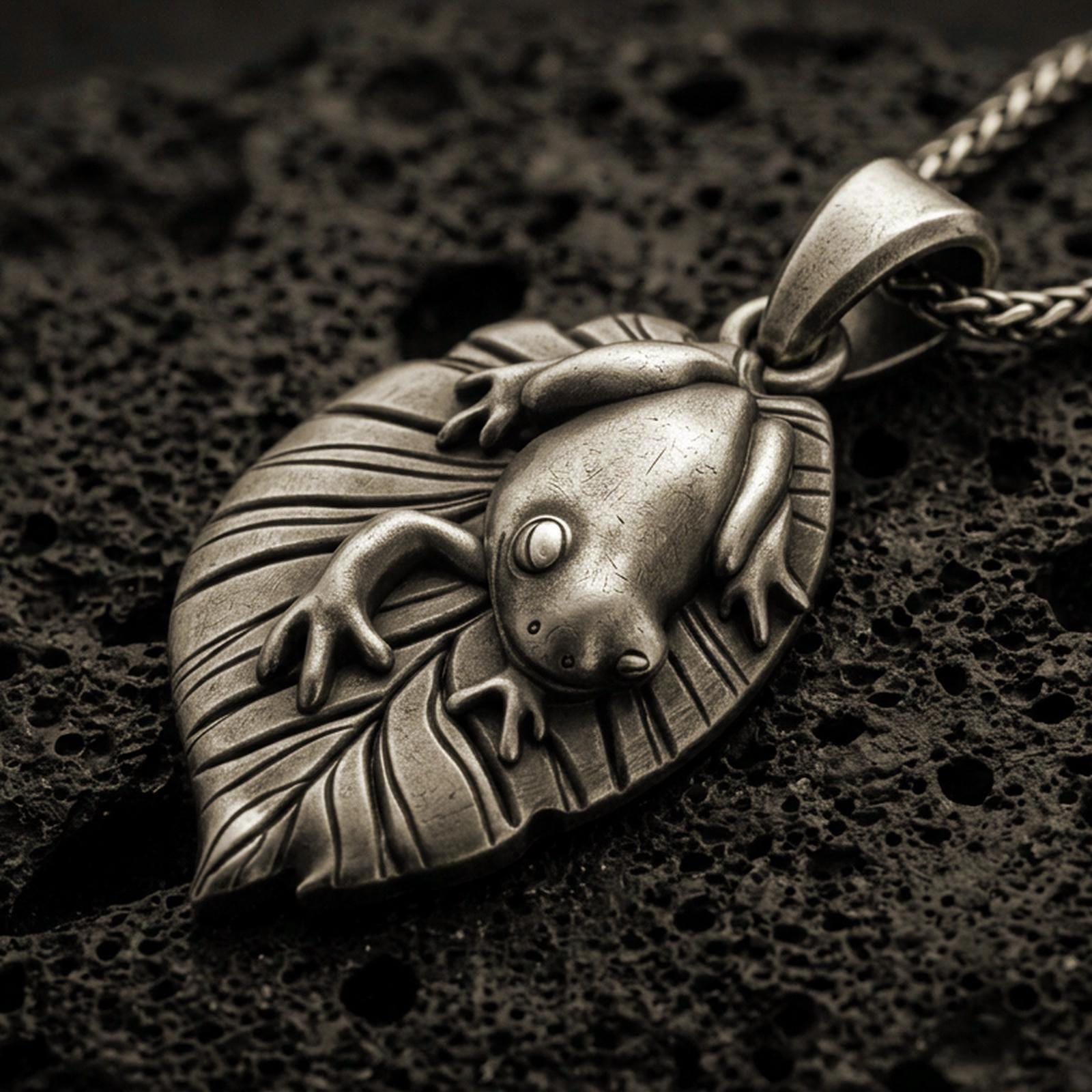 Bronze frog pendant with smooth amphibian relief, leaf-shaped base, and nature-inspired animal silhouette displayed on dark volcanic rock in a close-up luxury jewelry composition