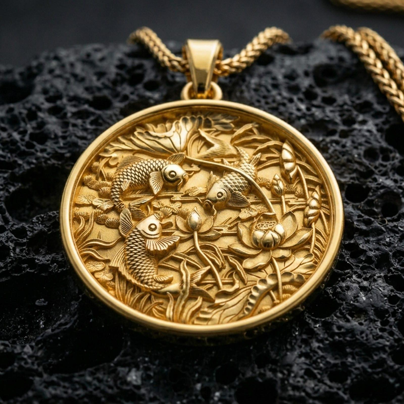 Gold plated koi fish pendant with detailed fish relief, blooming lotus motifs, and elegant round medallion form showcased on black volcanic rock in a refined macro jewelry image