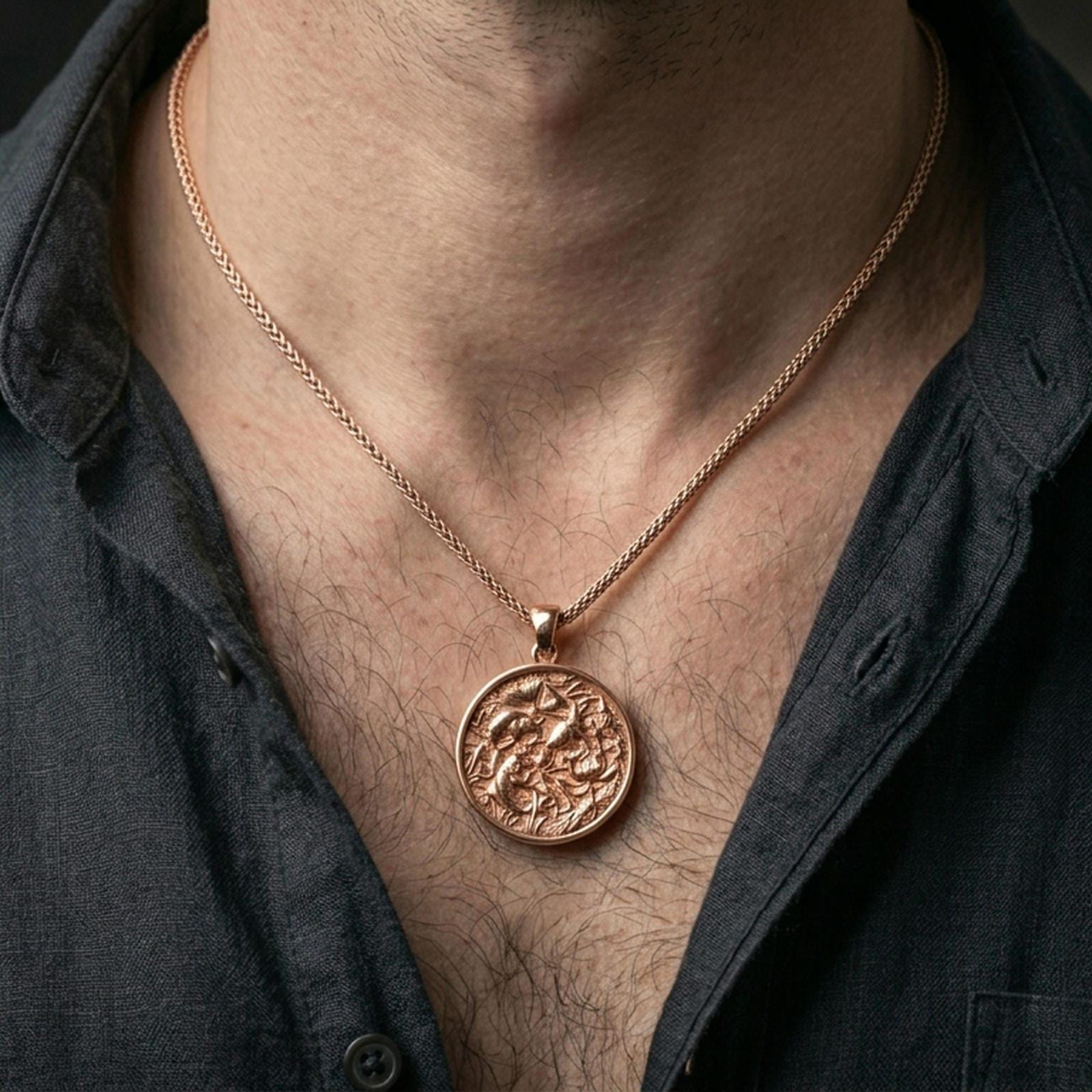 Rose gold plated lotus pond necklace with sculpted koi fish relief, floral aquatic motif, and round medallion form worn on the neck in a refined lifestyle shot with a warm and sophisticated presentation
