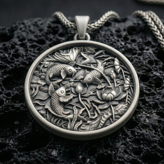Oxidized koi fish pendant with detailed lotus pond scene, swimming fish relief, and round medallion silhouette displayed on dark volcanic rock in a close-up luxury jewelry composition