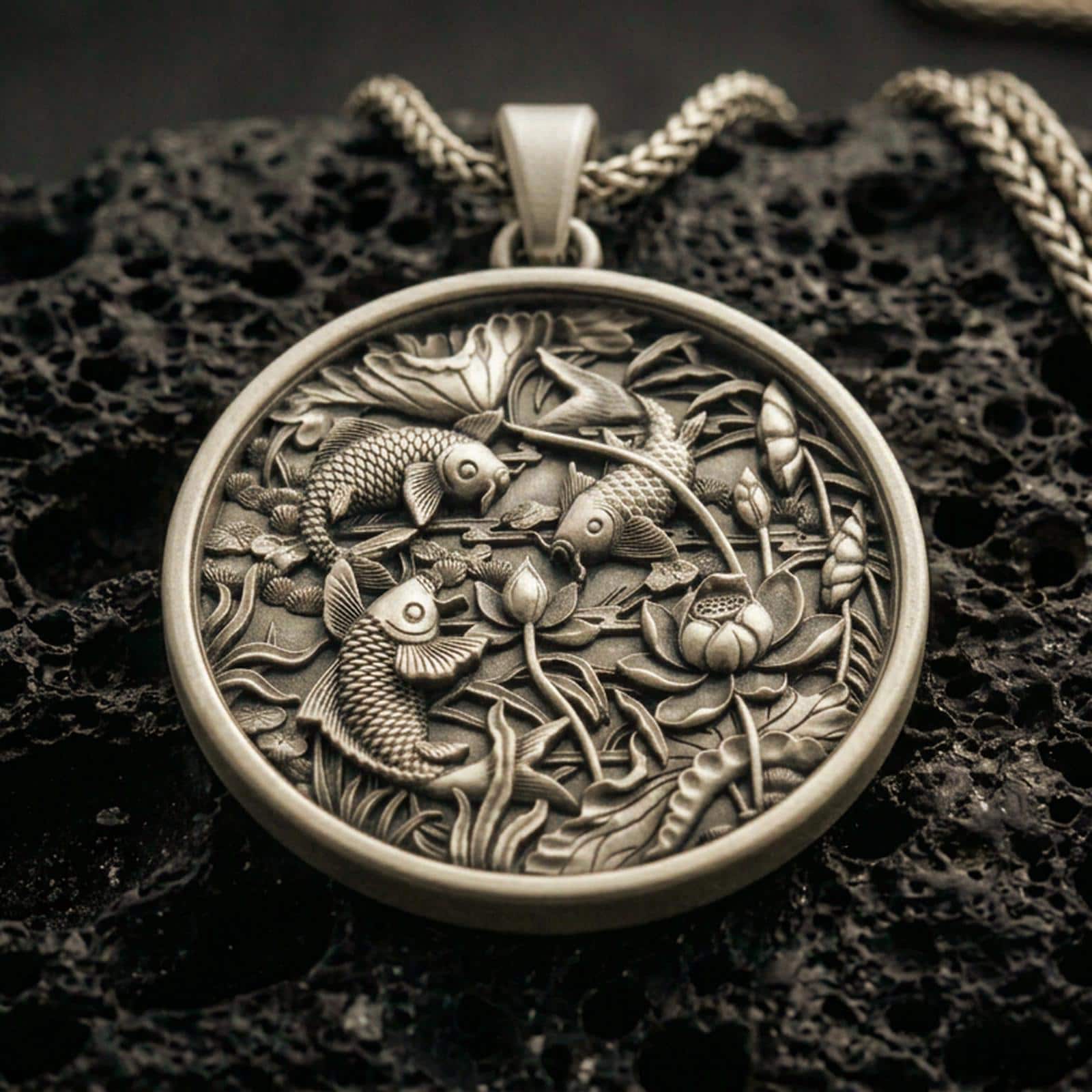 Bronze koi fish pendant with detailed lotus pond scene, swimming fish relief, and round medallion silhouette displayed on dark volcanic rock in a close-up luxury jewelry composition