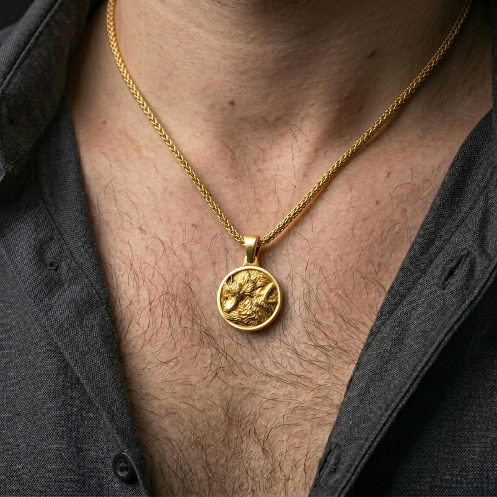 Gold plated twin wolf pendant with wolfpack motif, sculpted fur detailing, and round wilderness design worn on the neck in a premium lifestyle composition with strong animal-inspired jewelry styling