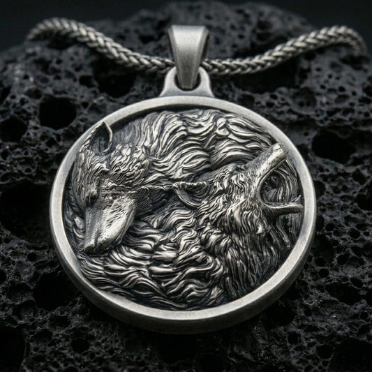 Oxidized twin wolf pendant with flowing fur detail, howling and resting wolf relief, and round medallion silhouette displayed on dark volcanic rock in a close-up luxury jewelry composition