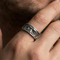 Load image into Gallery viewer, Oxidized sterling silver Benjamin Franklin eyes ring worn on finger, high-contrast antique look with bold portrait relief and statement presence.
