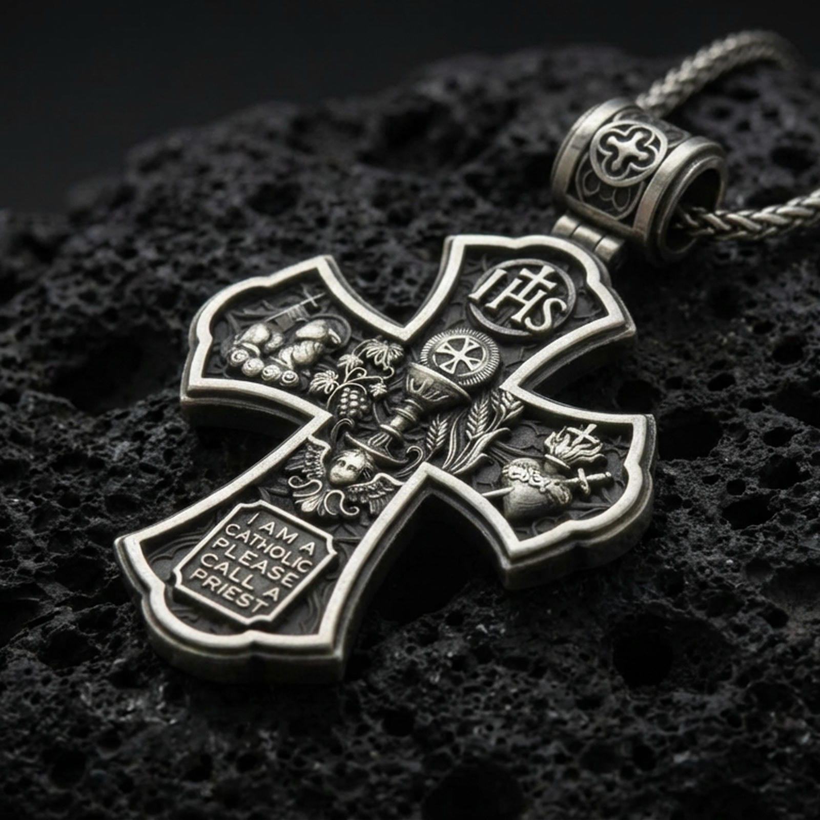Holy Trinity cross pendant on black volcanic stone with deep oxidized contrast and crisp relief details.