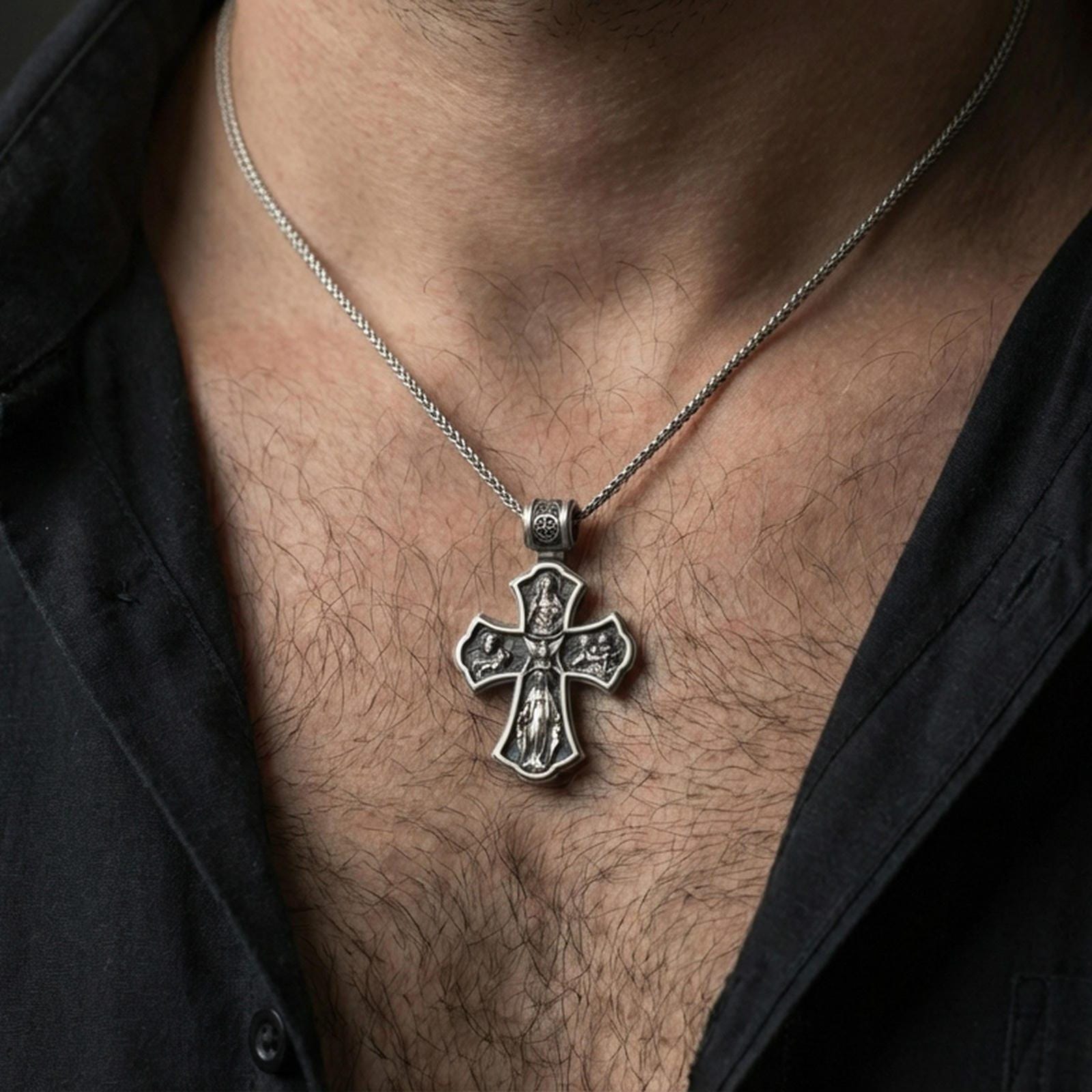 Holy Trinity cross pendant worn on the neck, showing scale and how the double-sided design sits flat on the chest.