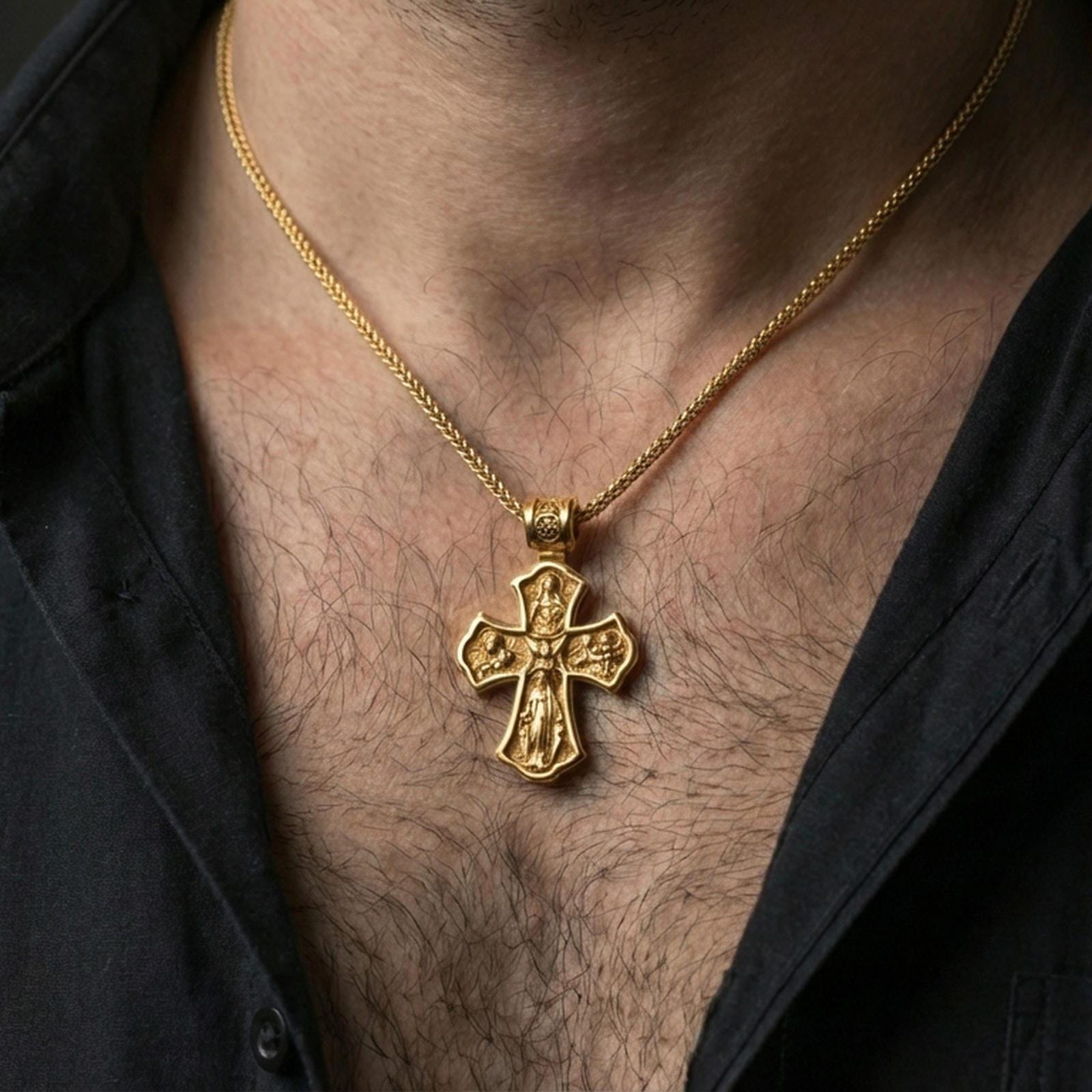 Holy Trinity cross pendant worn on the neck, angled shot showing thickness, bail detail, and premium craftsmanship.